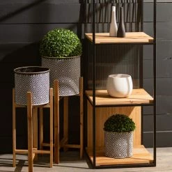 SULLIVANS Black and White Gemoetric Pattern Metal Planter on Stand (Set of 2) -Vigoro Platers Store black and white patterned sullivans plant pots met1830 1f 1000