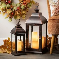 SULLIVANS 25 in. Lantern with 3 LED Pillar Candles -Vigoro Platers Store browns tans sullivans outdoor lanterns su65205ab 4f 1000