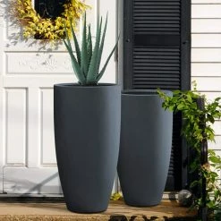KANTE 31.4" and 23.6"H Charcoal Finish Concrete Tall Planters (Set of 2), Large Outdoor Indoor w/Drainage Hole & Rubber Plug -Vigoro Platers Store charcoal kante plant pots rc0099ab c60121 1f 1000