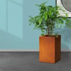 KANTE 16 in. H Faux Weathering Steel Finish Concrete Square, Modern Outdoor/Indoor Lightweight Planter Pot with Drainage Hole -Vigoro Platers Store faux weathering steel kante plant pots rf0007b c91942 1f 1000