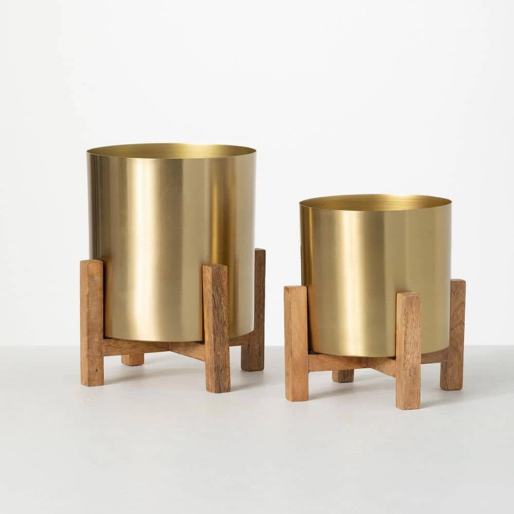 SULLIVANS Brass Planter On Stands - Set of 2 3 SULLIVANS Brass Planter On Stands - Set of 2