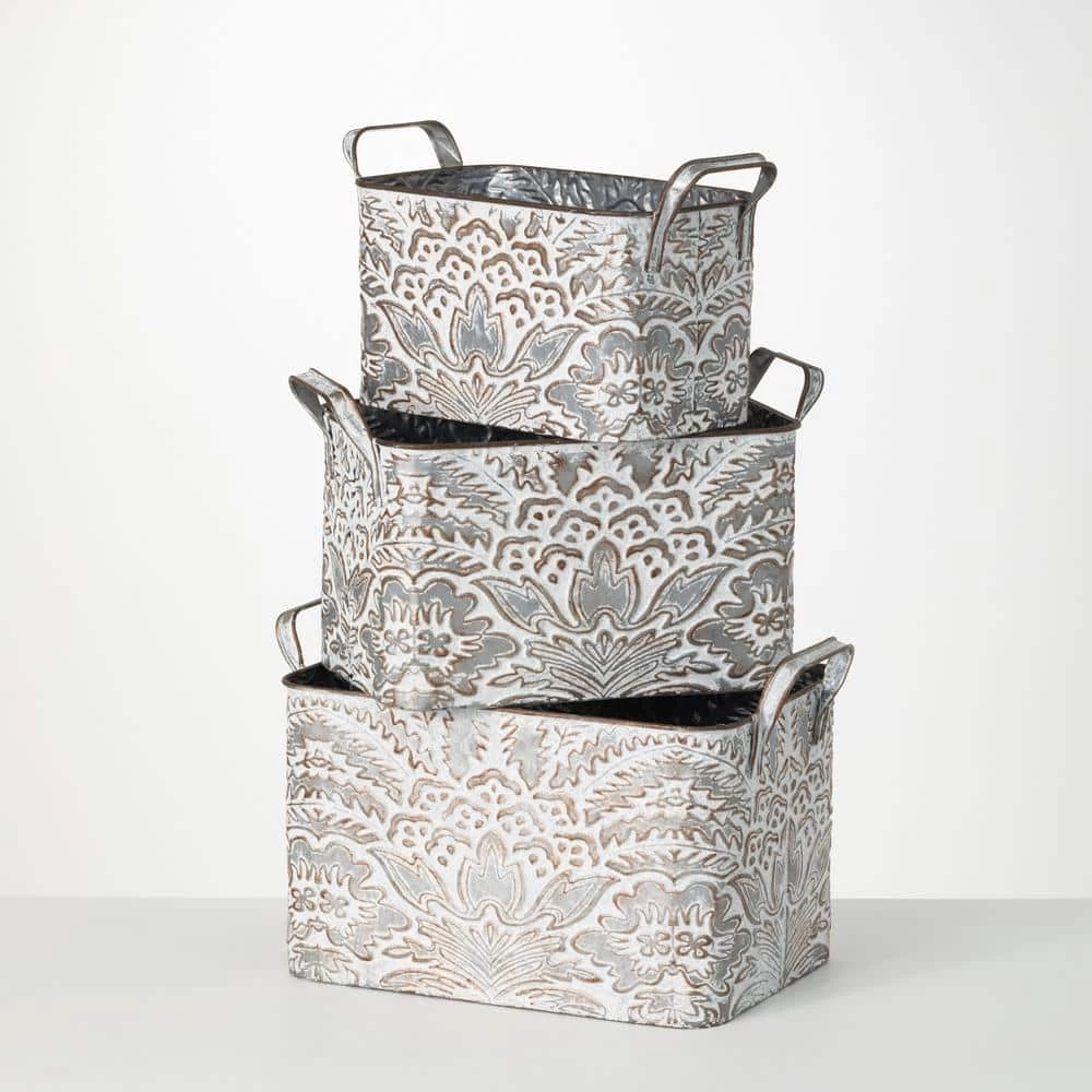 SULLIVANS 9.5 in., 8.5 in. and 7.5 in. Gray Metal Flourish Planter with Handles - (Set of 3) 3 SULLIVANS 9.5 in., 8.5 in. and 7.5 in. Gray Metal Flourish Planter with Handles - (Set of 3)