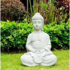 KANTE 25.6 in. H Natural Concrete/Fiberglass Indoor Outdoor Sitting Meditating Zen Buddha Statue -Vigoro Platers Store kante garden statues osp141006 c80021 c3 1000