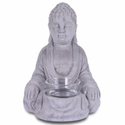 KANTE 6.5 in. H Gray Cement Sitting Buddha Garden Statue Tealight Candle Holder Ornament (2-Pack)