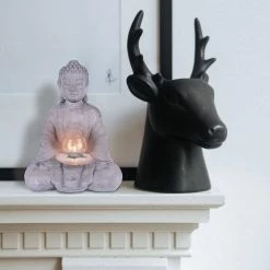 KANTE 14.17 in. H Gray Cement Meditating Buddha Garden Statue Tealight Candle Holder Ornament -Vigoro Platers Store kante garden statues sx20200179 4f 1000