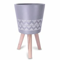 KANTE 17.4 in. Tall Light Gray Lightweight Concrete Classic Outdoor/Indoor Cylindrical Planter with 3 Wooden Legs