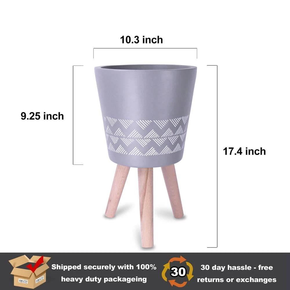 KANTE 17.4 in. Tall Light Gray Lightweight Concrete Classic Outdoor/Indoor Cylindrical Planter with 3 Wooden Legs 4 KANTE 17.4 in. Tall Light Gray Lightweight Concrete Classic Outdoor/Indoor Cylindrical Planter with 3 Wooden Legs - Image 2