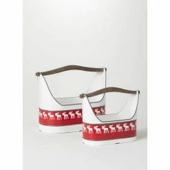 SULLIVANS Red and White Reindeer Metal Trugs with Wood Handles (Set of 2)