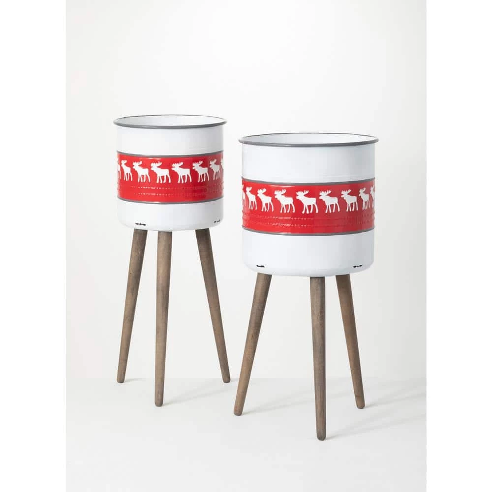SULLIVANS Red & White Reindeer Metal and Wood Planter Stand (Set of 2) 3 SULLIVANS Red & White Reindeer Metal and Wood Planter Stand (Set of 2)