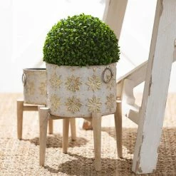 SULLIVANS White and Gold Flower Burst Metal Planter on Stand (Set of 3) -Vigoro Platers Store white and gold patterned sullivans plant pots met1880 4f 1000