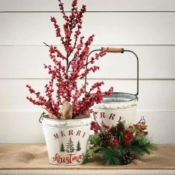 SULLIVANS White Merry Christmas Metal Bucket (Set of 2) 7 SULLIVANS White Merry Christmas Metal Bucket (Set of 2) -Vigoro Platers Store white sullivans plant pots met1756 4f 1000