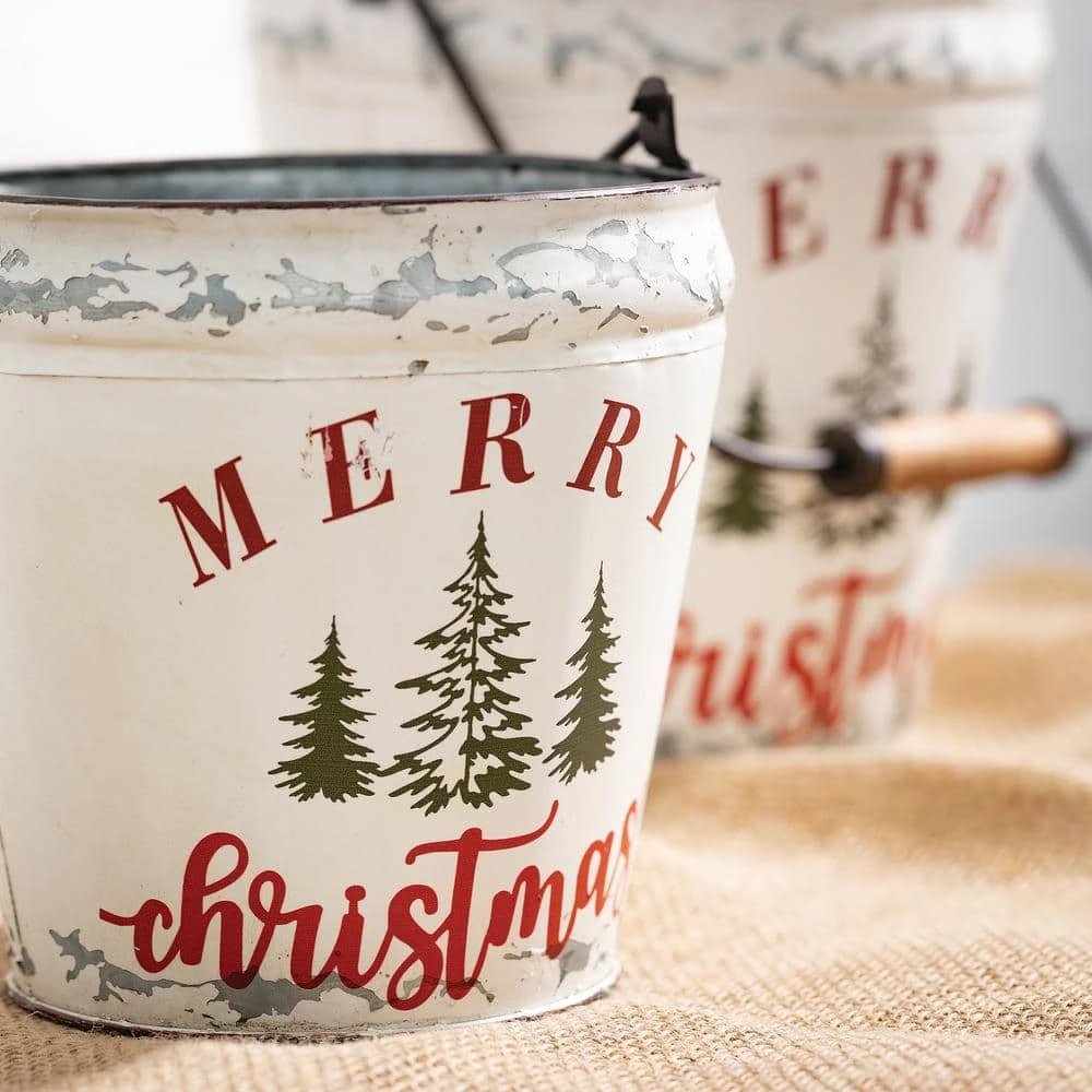SULLIVANS White Merry Christmas Metal Bucket (Set of 2) 4 SULLIVANS White Merry Christmas Metal Bucket (Set of 2) - Image 2