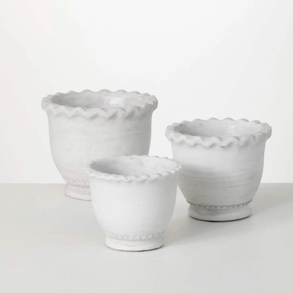 SULLIVANS Whitewashed Scalloped Edge Cement Pot - Set of 3 3 SULLIVANS Whitewashed Scalloped Edge Cement Pot - Set of 3